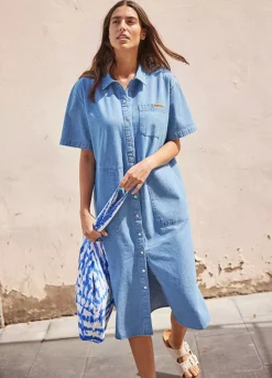 Denim Knee-Length Shirt Dress -Enchanted Styles Denim Knee Length Shirt Dress946390FRSL