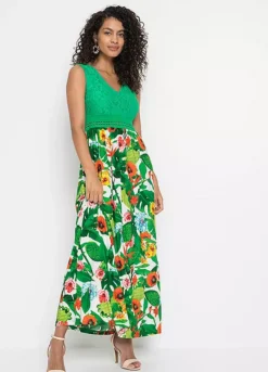 Lace Bodice Tropical Print Maxi Dress